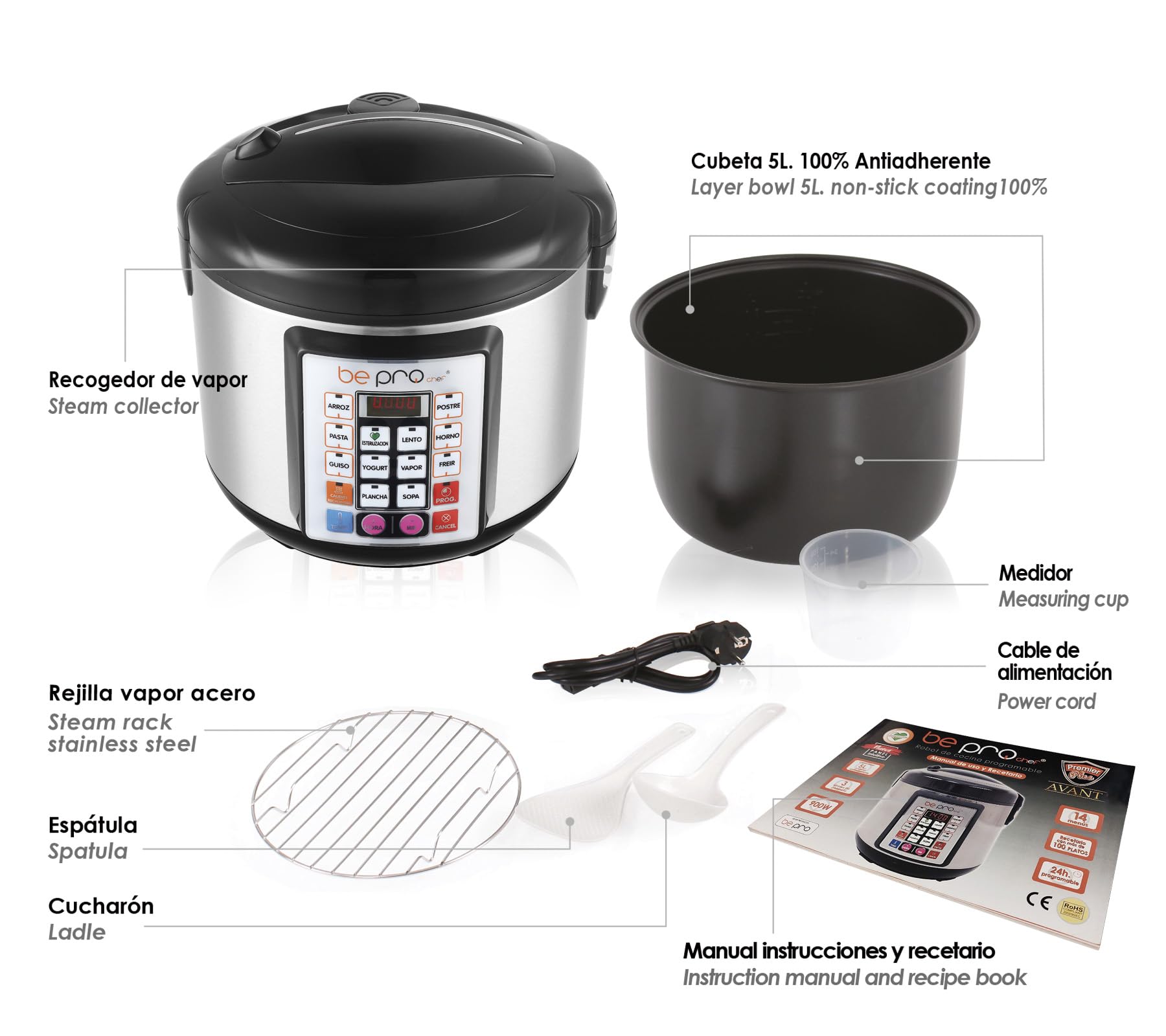 Chef Robot Cocina Olla Programable 5L Multifunción 900W Temporizador 24H Recetario Antiadherente Acero Negro Cocina Automática Segura Fácil de Usar Ideal para Uso Diario Sin Presión 100 recetas | Cocinado Gourmet suelta vapor por lo que reduce y proporcio