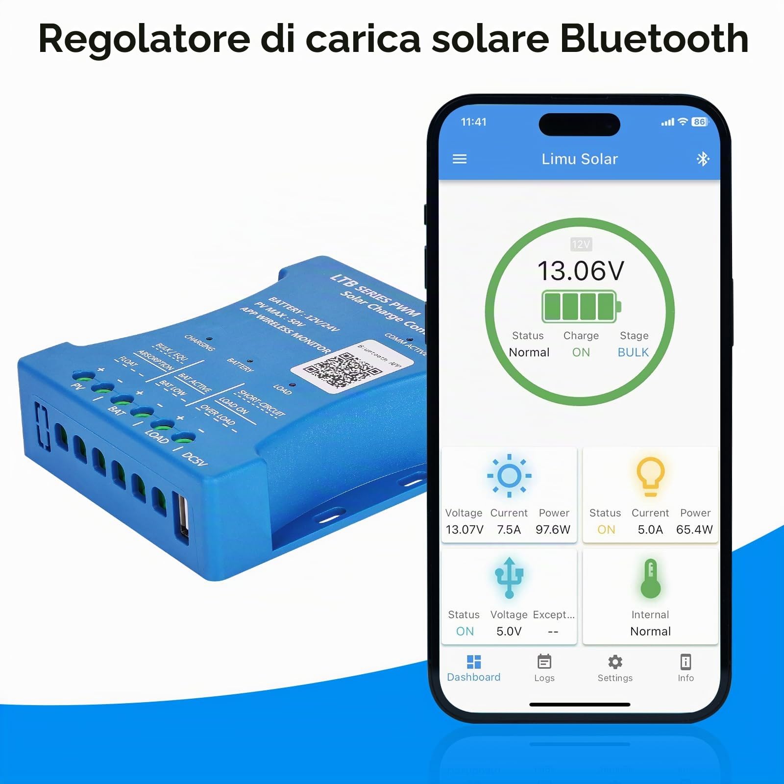 20A 12V/24VP PV:50V PWM Bluetooth Regolatore di Carica Solare Regolatore di carica della Batteria del Pannello Solare Intelligente con porta USB 5V per batterie al piombo-acido LiFePO4 al litio