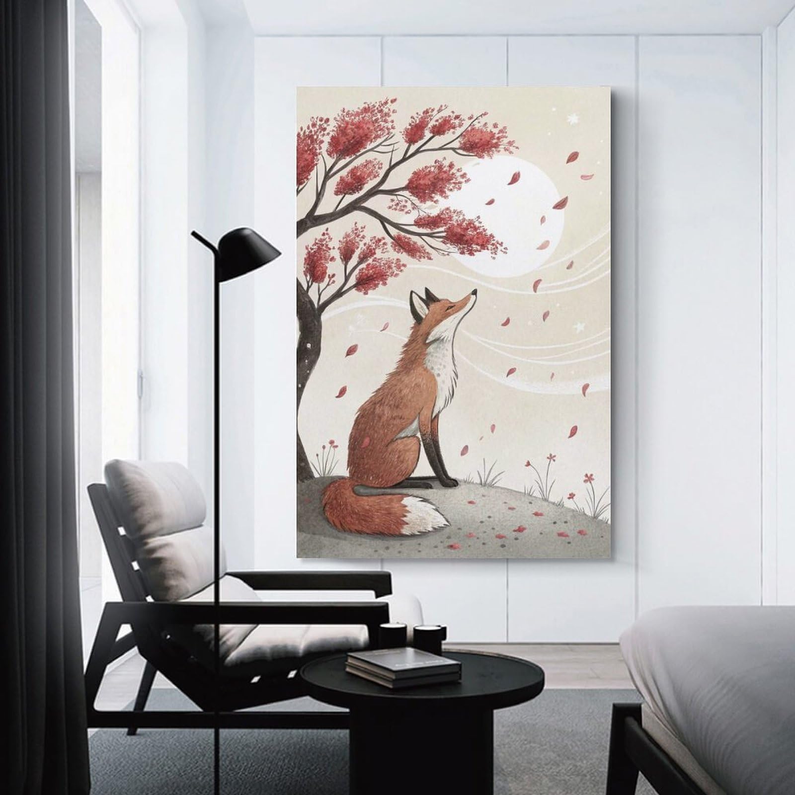 Junmoney Unframe-Style-13 Fox Under Autumn Tree Hanging Wall Art, 24X36inch(60X90cm), For Bedroom Walls, Guest Spaces Or Lounges, An Easy Wall Refresh For Bedrooms