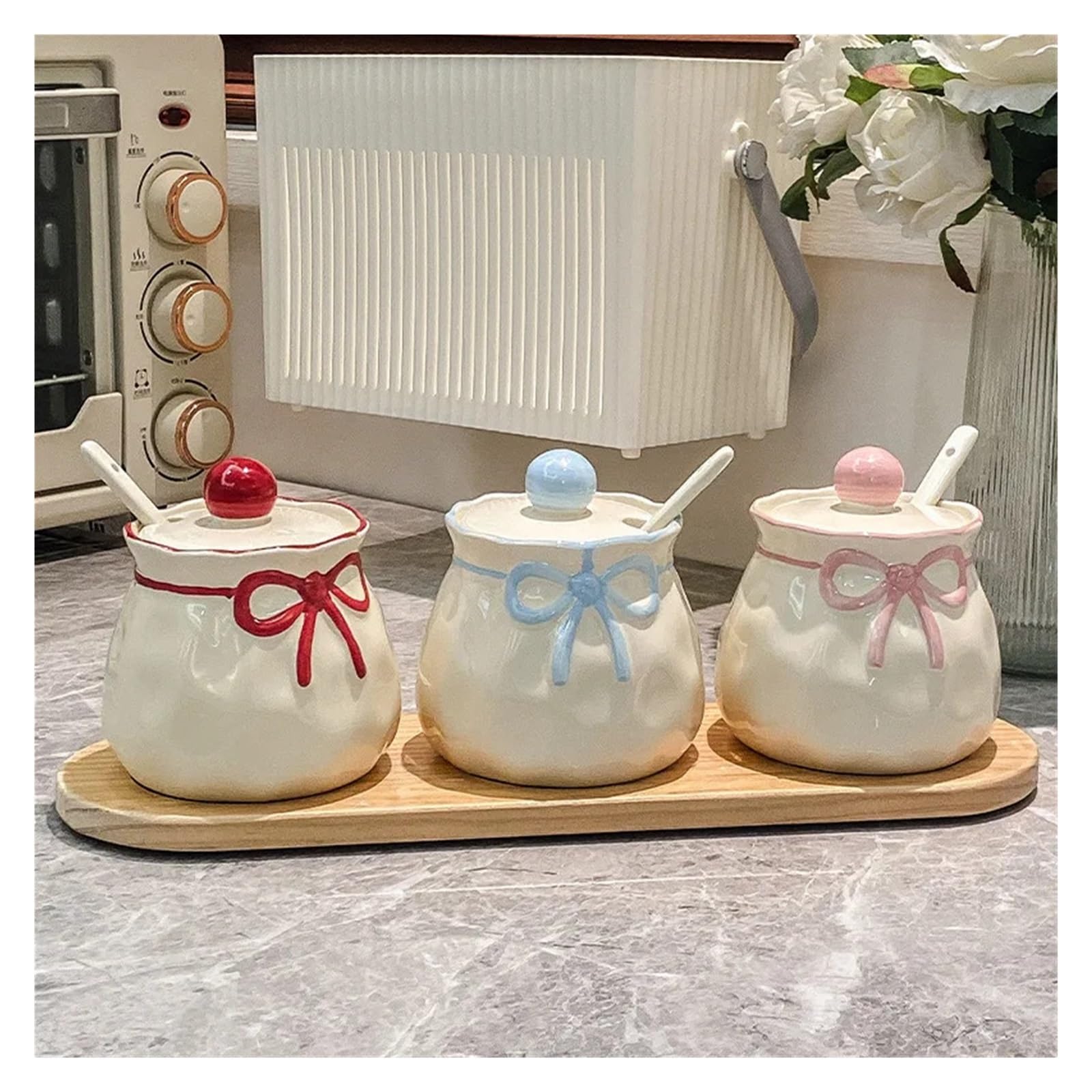Tarro de ceramica con lazo para sal y especias | Para condimentos solidos, recipiente de cocina, 30*12*15cm, 900g(Pink Blue Red)