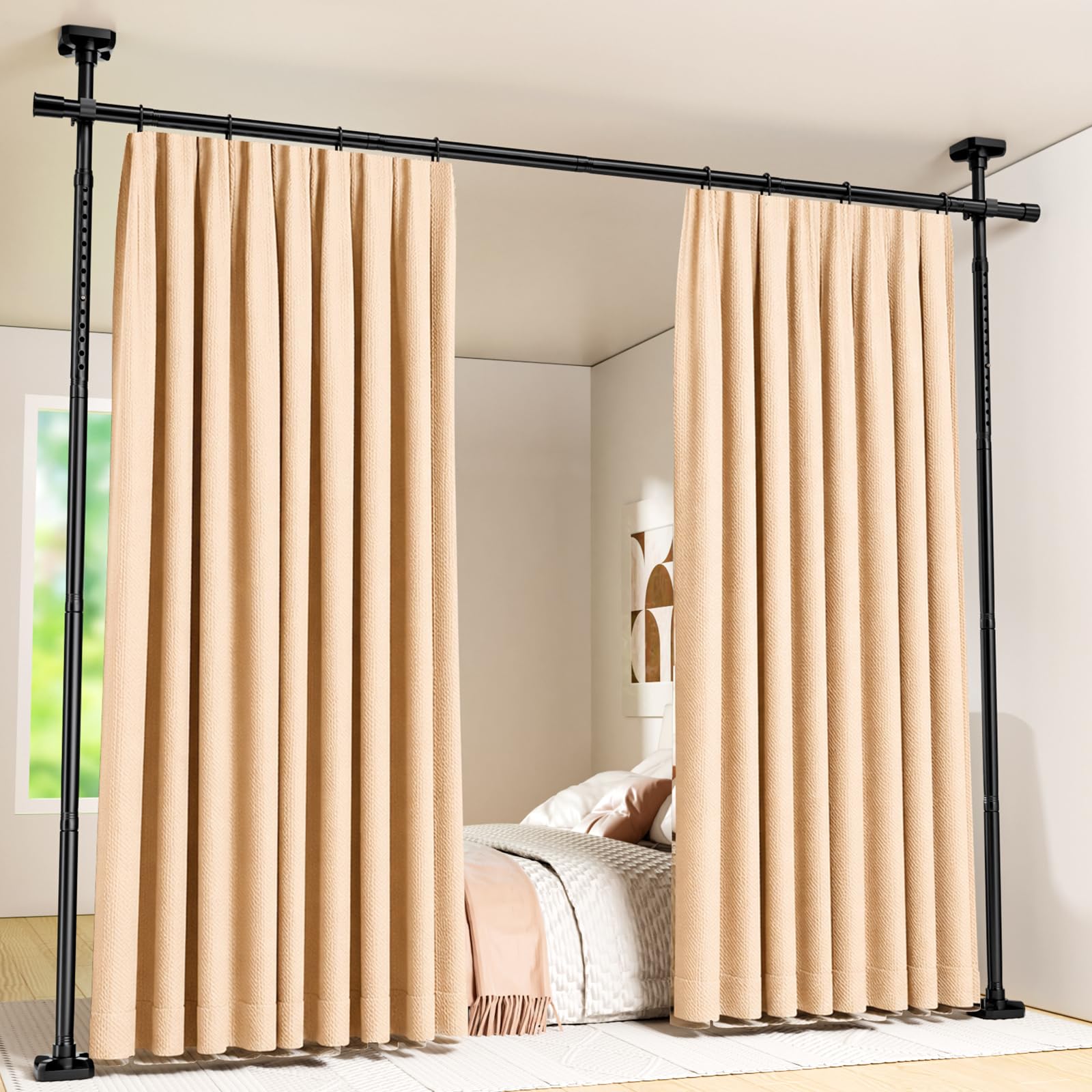 Mavivegue Raumteiler Ohne Bohren, Trennwand Raumtrenner Ohne Vorhang, Room Divider, Paravent, 122-305 cm (H) 71-178 cm(B) Verstellbar, Geeignet Für Wohnzimmer, Schlafzimmer Und Büros, Schwarz