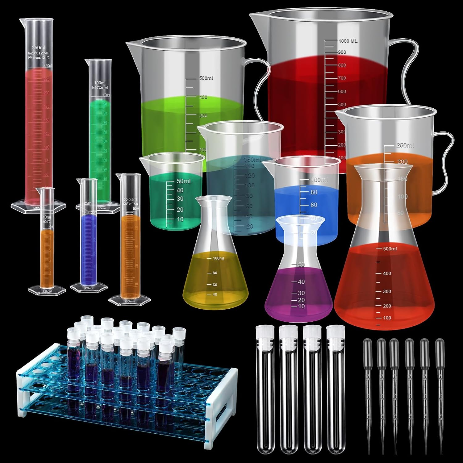 65 Pcs Plastic Graduated Cylinder and Beakers, Plastic Test Tubes Set with Rack, Including 5 Graduated Cylinders, Beakers, 3 Erlenmeyer Flasks, 10 Pipettes, 40 Tubes, Ideal for Science Lab DIY