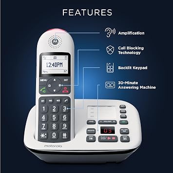 Motorola CD5014 Digital Cordless Telephone Phone with Answering Machine(4 Handsets) DECT 6.0 Long Range System, Big Buttons, Big Backlit Display, Audio Assist, Volume Boost, Block up to 1000 Numbers
