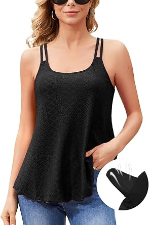 V FOR CITY Womens Tank Tops with Built-in Bra Flowy Eyelet Embroidery Camisole Adjustable Spaghetti Strap Camis Shirts