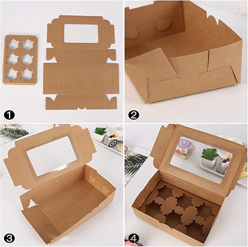 Miniatura 6 de Lainrrew 15 paquetes de cajas para cupcakes, 6 cavidades de papel kraft marrón para cupcakes, soportes para cupcakes con ventana transparente para