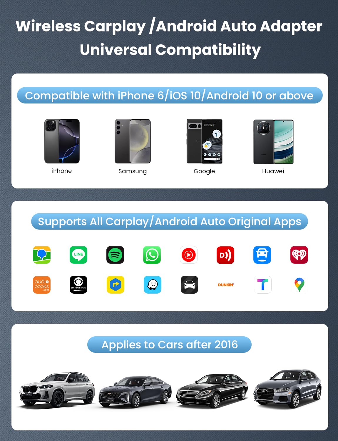 Universal Compatibility of CODONOVA Wireless Carplay/Android Auto Adapter