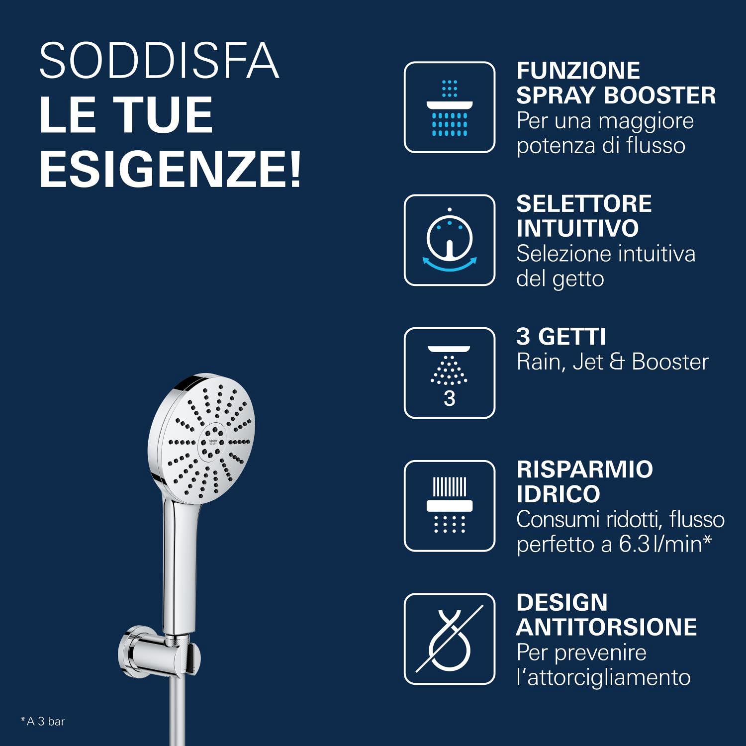 GROHE Vitalio Joy+ 120 Set Doccia con doccetta a mano e supporto a parete (doccetta 3 getti, risparmio idrico 6,3 l/min, protezione antiscottatura, tubo flessibile 1,5 m), cromato, 1348650000