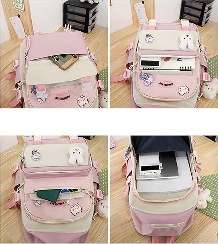 Miniatura 5 de Juego de 5 mochilas kawaii lindas con alfileres colgantes de oso, diseño de retazos, diseño de conejito de anime japonés (negro)