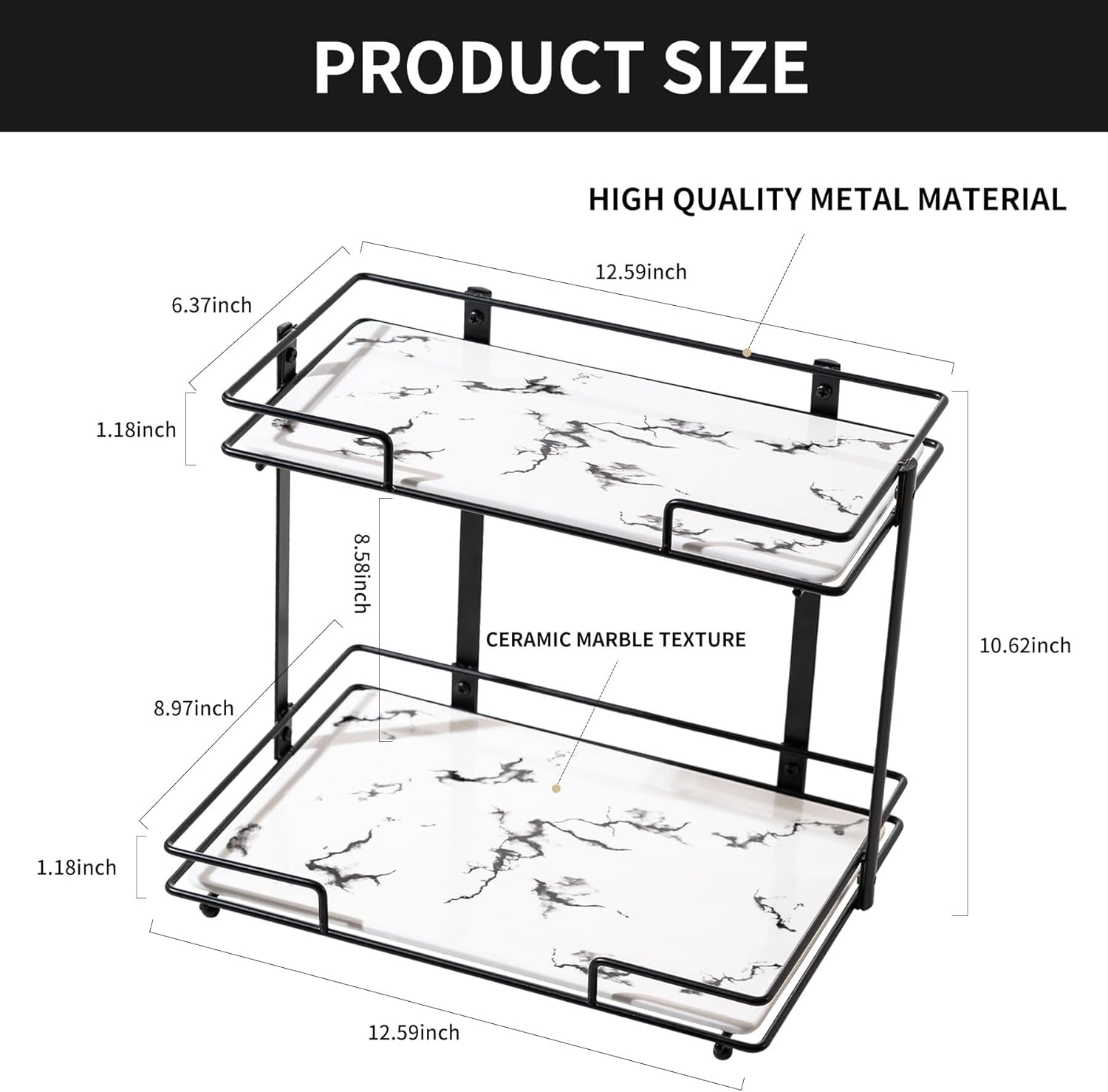 2 Tier Bathroom Cabinet Countertop Organizer Perfume Lipstick Makeup Organizer Cosmetics Storage Display Rack Vanity Tray Metal Dresser Storage Shelf White Marble Ceramic Tray Black