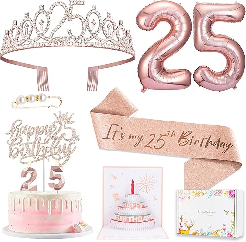 8 decoraciones de cumpleaños de 25 años para mujeres y niñas, incluye adorno para pastel de cumpleaños de 25 años, banda de reina de cumpleaños con