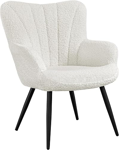 Yaheetech Boucle - Silla decorativa moderna, sillón de sherpa mullido, silla de tocador tapizada con respaldo alto y patas mentales para sala de
