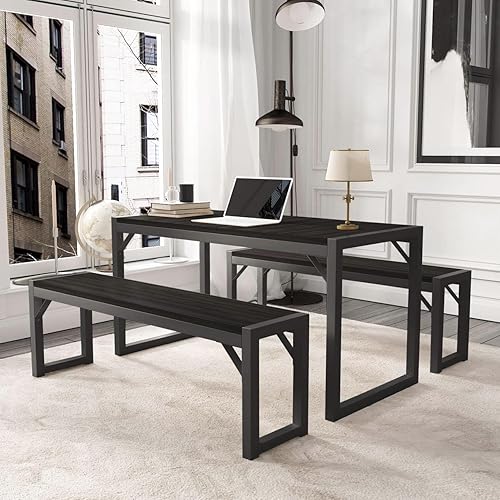 Allewie Juego de mesa de comedor de cocina de 3 piezas con bancos, estructura triangular resistente, ahorro de espacio, multifuncional para comedor,