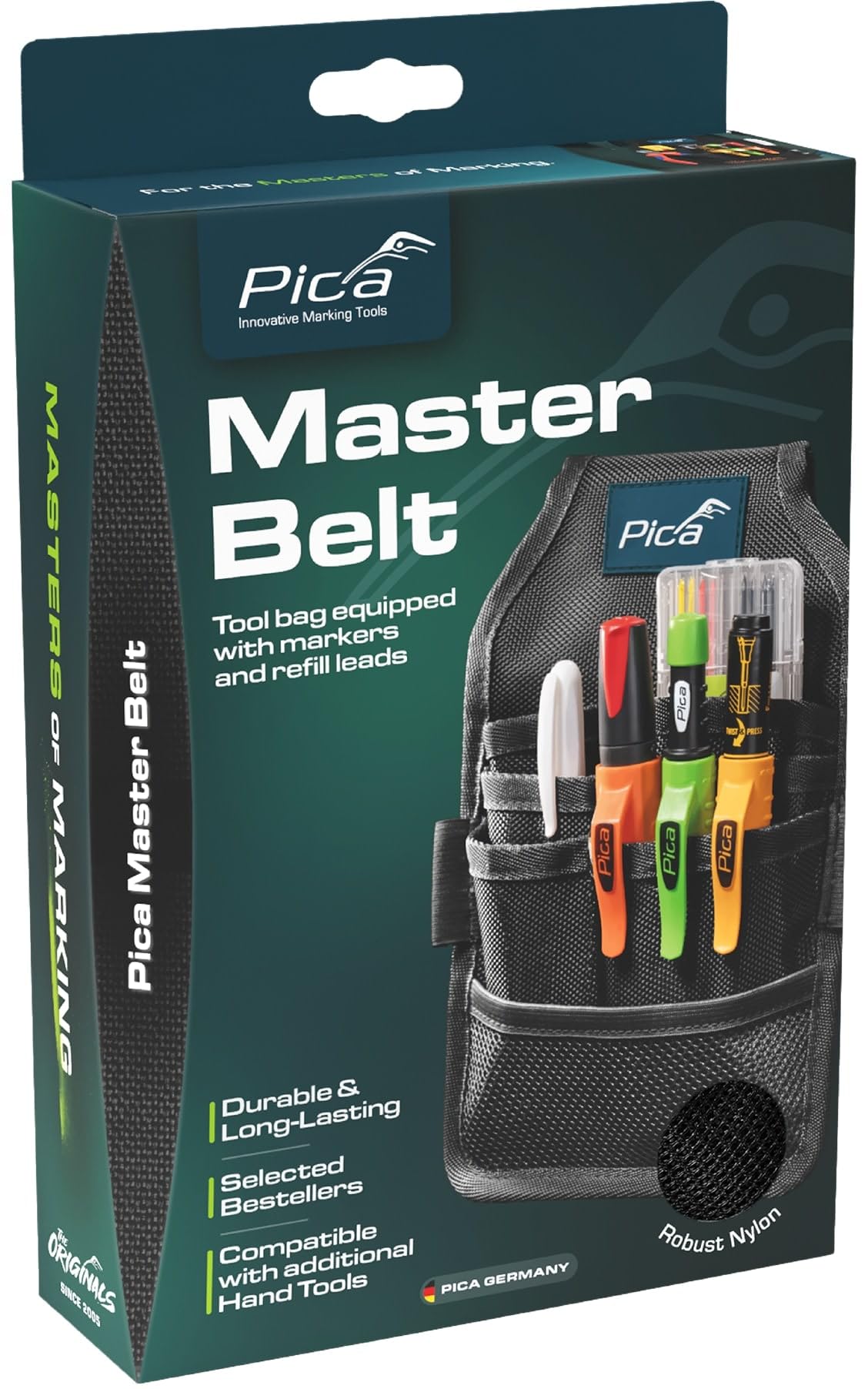 Pica Master Belt 55060 | Sac de Ceinture de qualité | Ceinture Porte‑Outils pour Artisans | Contient Pica Dry 3030, Dry Mines 4020, Ink Noir, Visor Permanent 990/40, Instant‑White 532