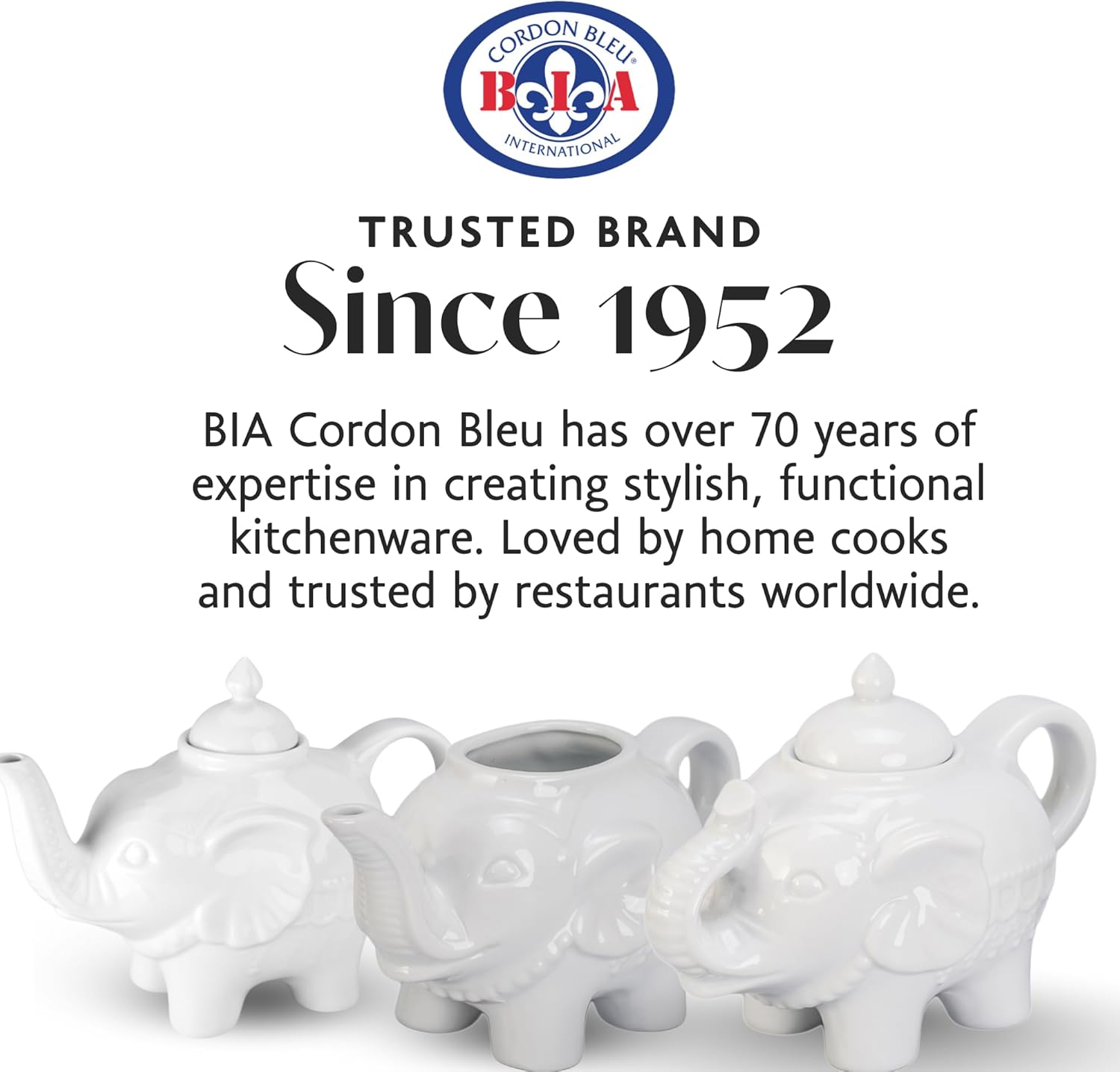 BIA Cordon Bleu Elephant Tea Set - 28oz Serving Teapot, 10oz Sugar Bowl, 11oz Creamer - Glossy White Porcelain, Durable & Dishwasher Safe Tabletop Trio - Great Housewarming Gift for Tea/Coffee Lovers