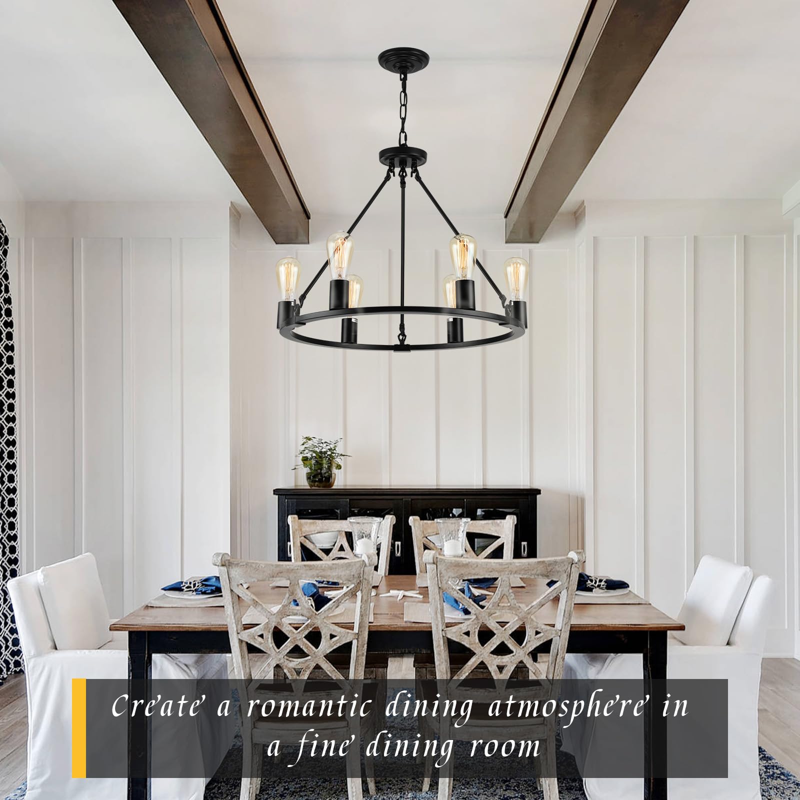 Senyshilon Black Chandelier, 6-Light Dining Room Light Fixture, Round Farmhouse Wagon Wheel Chandeliers for Dining Room Living Room Entryway Kitchen Island Dia 24"