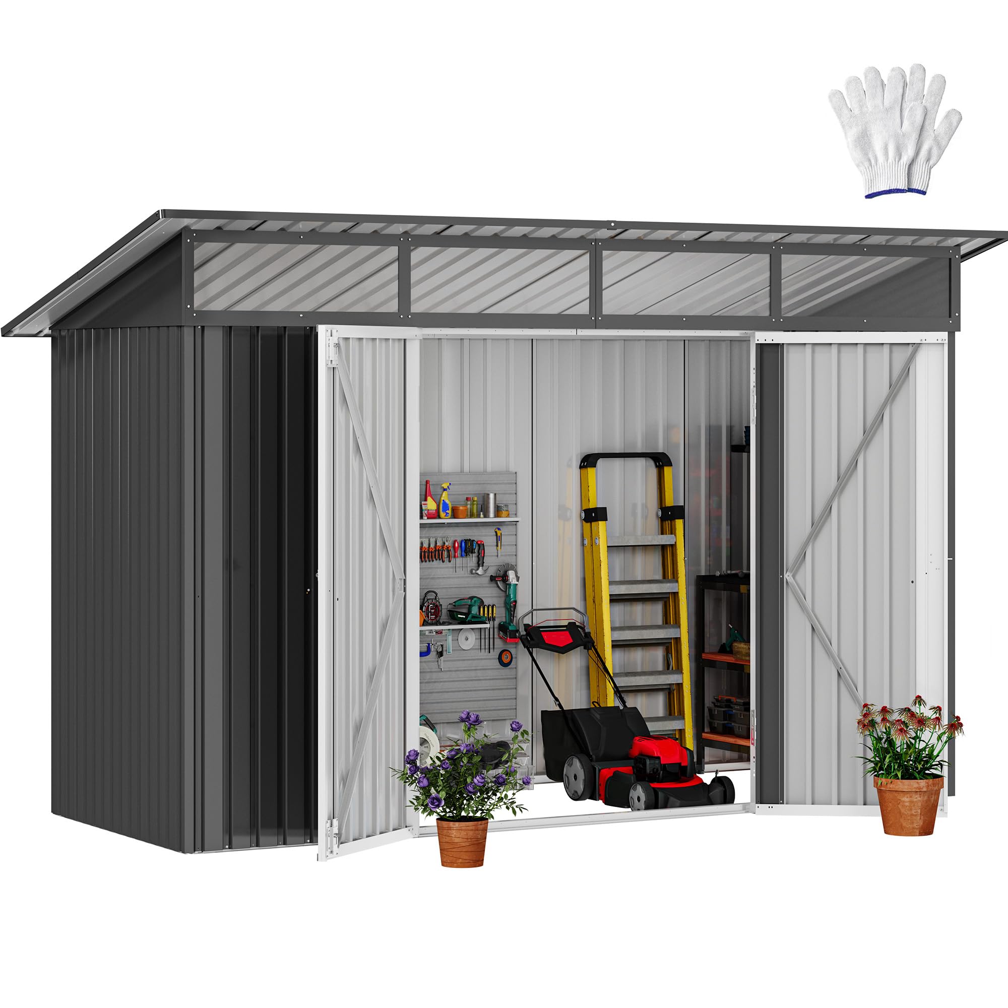 Photo 1 of DWVO 9x4 FT Storage Shed for Bicycle, Functional Metal Tool Shelter Garden Storage Unit with Acrylic Windows, Secure Entry Lock, Water-Resistant Waste Enclosure for Outdoor Patio Garden(Dark Gray)
