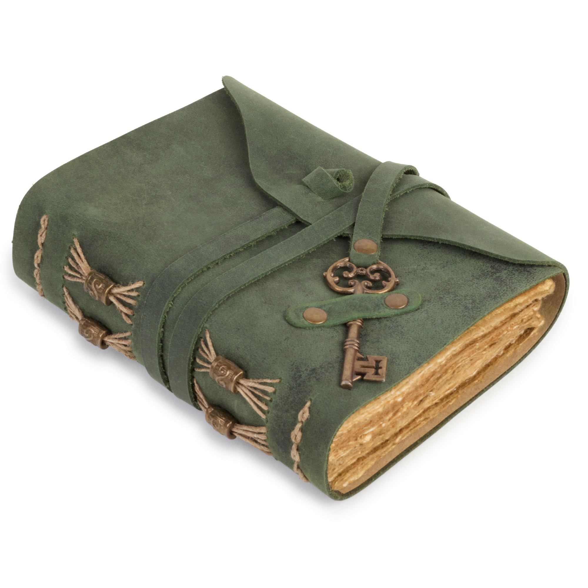 Diario In Vera Pelle Verde Con Chiave - 21x17cm, Carta Cotone, Per Scrittura E Viaggi - Foto 6