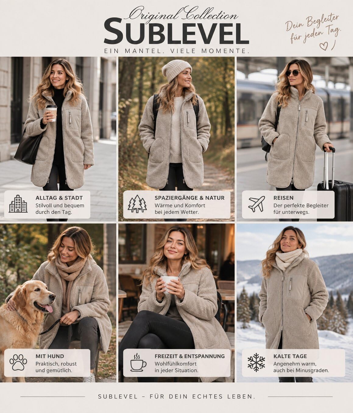 Sublevel Damen Teddy Fleece Mantel Lang – Kuschelige Teddyjacke mit Stehkragen, 2-Wege-Reißverschluss & Taschen – Fleecemantel für Herbst Winter