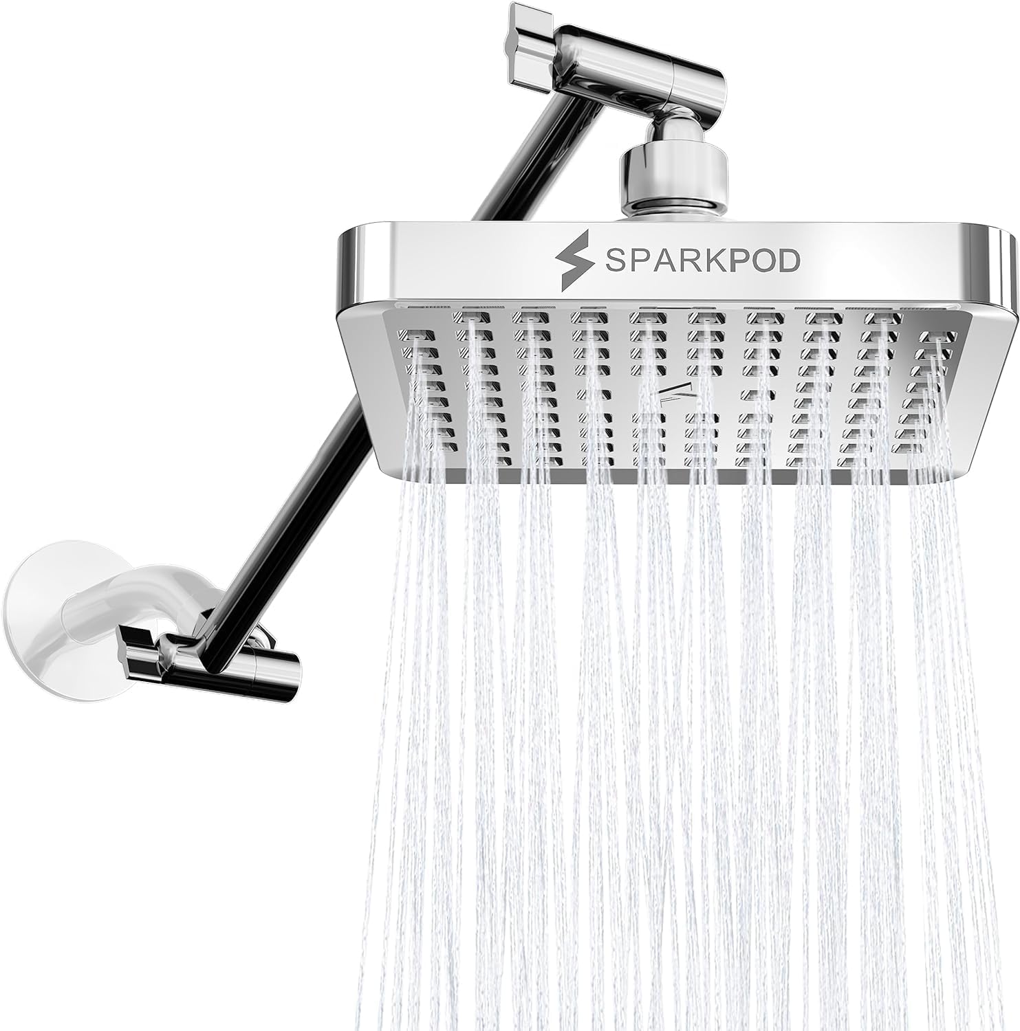 SparkPod Chrome High-Pressure Square Rain Shower Head + Matching 11" Shower Arm Extension - Control angle and height of your shower head for the Ultimate Shower Experience - 1-min Installation