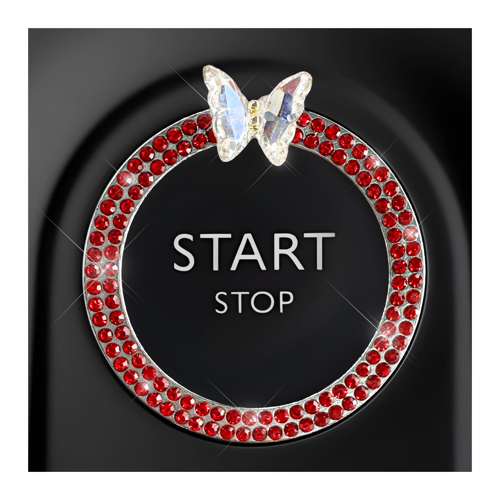 DXNQ Bling Ring Emblem, Sparkling Butterfly Car Buttons and Knobs Ring, Girly Butterfly Diamond Car Engine Start Button Cover, Key Ignition Knob Rings Decoration for Women (Red, Double Row)