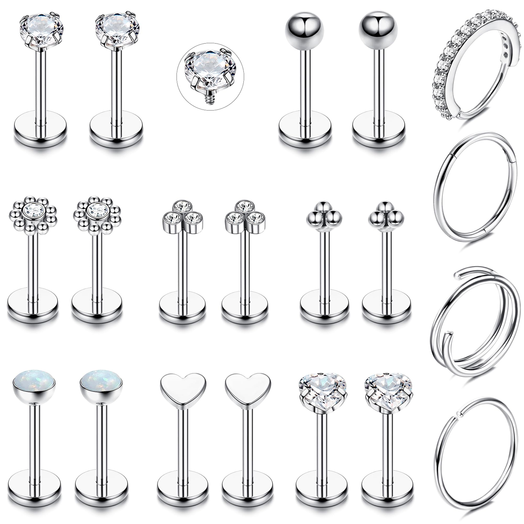 HHRFCS 16G Piercing Helix Biżuteria Gwintowany wkręt do nosa Labret Szpilki Kolczyk w nosie Kolczyki z płaskim tyłem Stal chirurgiczna Helix Hoop Muszla Daith Lip Piercing Tragus Srebrne Złoto