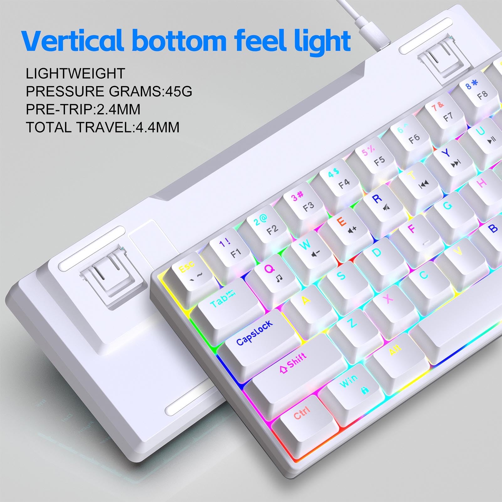 Kompaktowa, 68-klawiszowa, przewodowa mechaniczna klawiatura do gier z podświetleniem RGB i przełącznikami z możliwością wymiany podczas pracy, 60% ultrakompaktowa konstrukcja do (Biały)