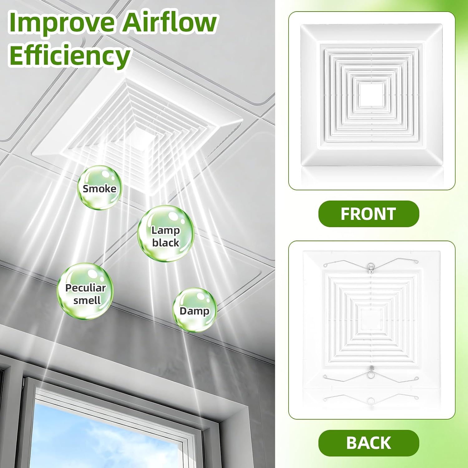 White Square Bathroom Exhaust Fan Cover with Spring, 10. 5" x10. 5" Ceiling/wall Mounted Grille, Replacement Parts for Old Damaged Fan Covers, Air Diffuser Ventilation Hood
