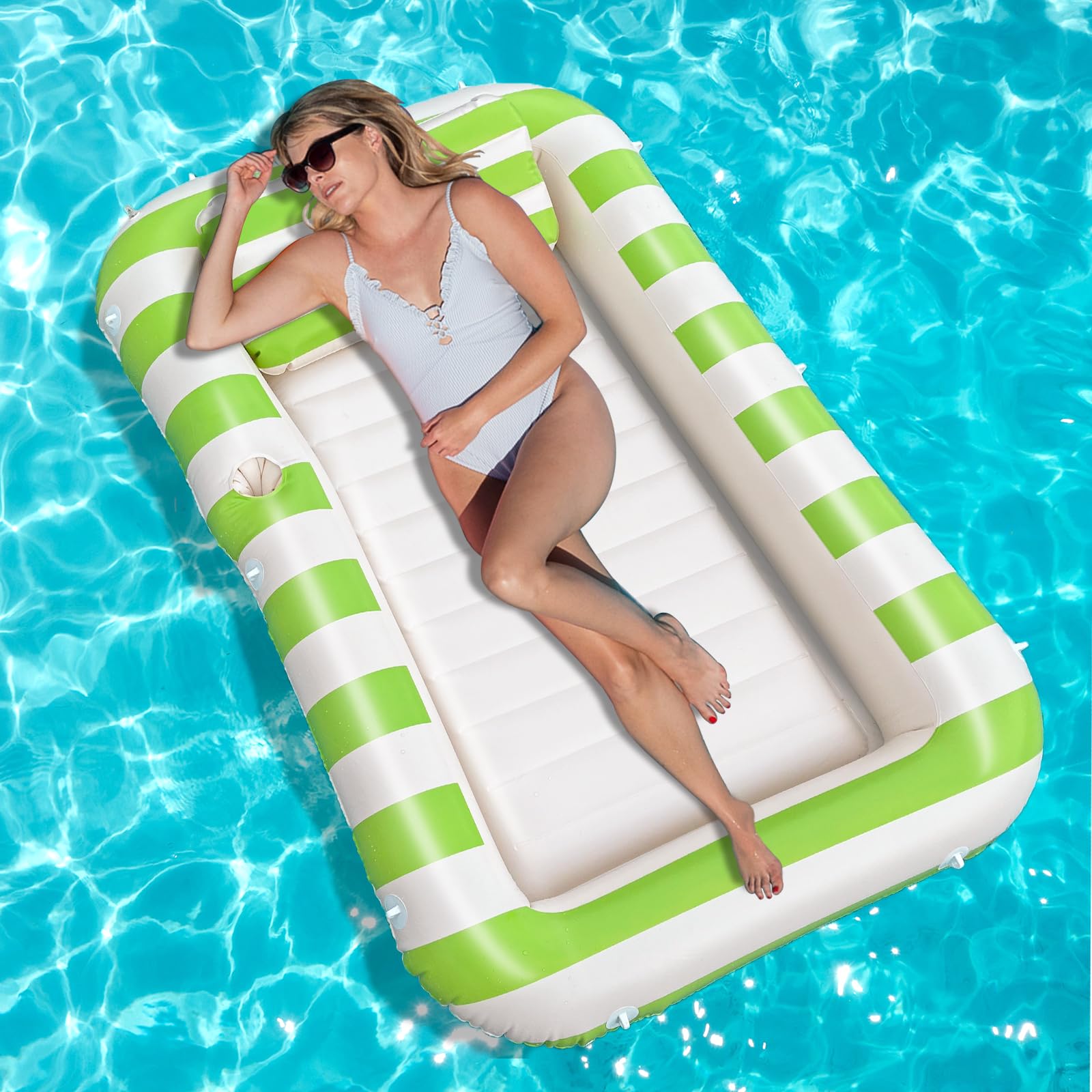 Float Joy Tanning Pool materac dmuchany do basenu, duży materac dmuchany do wody, dla dorosłych, nadmuchiwany wyspa do pływania, zabawka do pływania, materac wodny (paski retro, L)