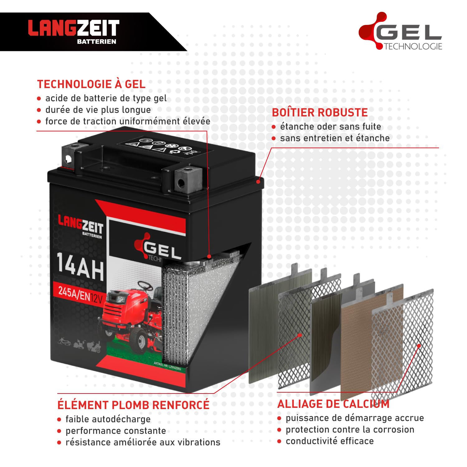 LANGZEIT Batterie Tracteur Tondeuse 12V 14Ah Gel 5929025-01 remplace HTX16