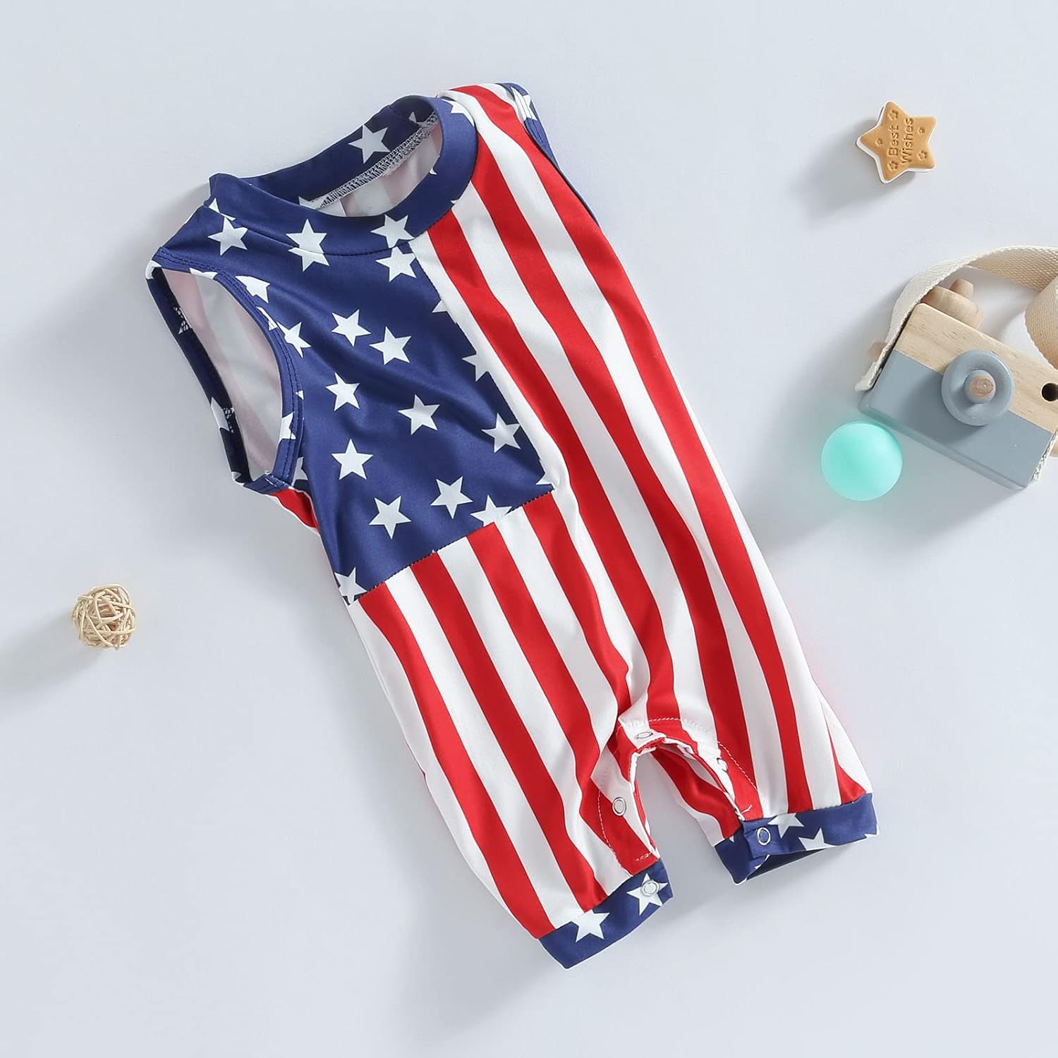 FIOMVA 4th of July Outfits Baby Boy Girl Sleeveless USA American Flag Romper Onesie Independence Day Clothes