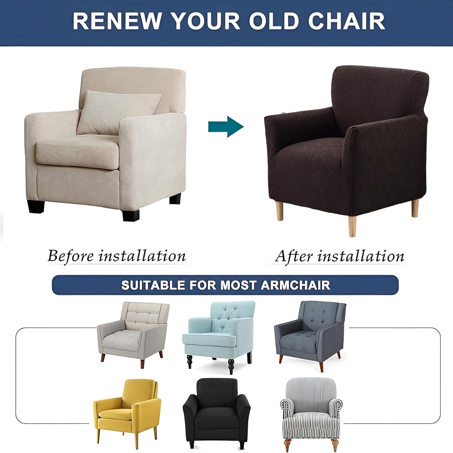 Jacquard Banquet Armchair Slipcover Stretch Chair Covers 1-Piece Armchair Sofa Covers Soft Arm Chair Cover Removable Washable Single Couch Covers Furniture Protector for Living Room