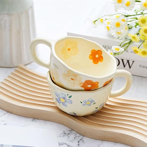 Miniatura 5 de Vesici 2 tazas de café de cerámica con cuchara, tazas florales vintage con asa, 8.5 onzas, taza de té de porcelana estética, regalo para San