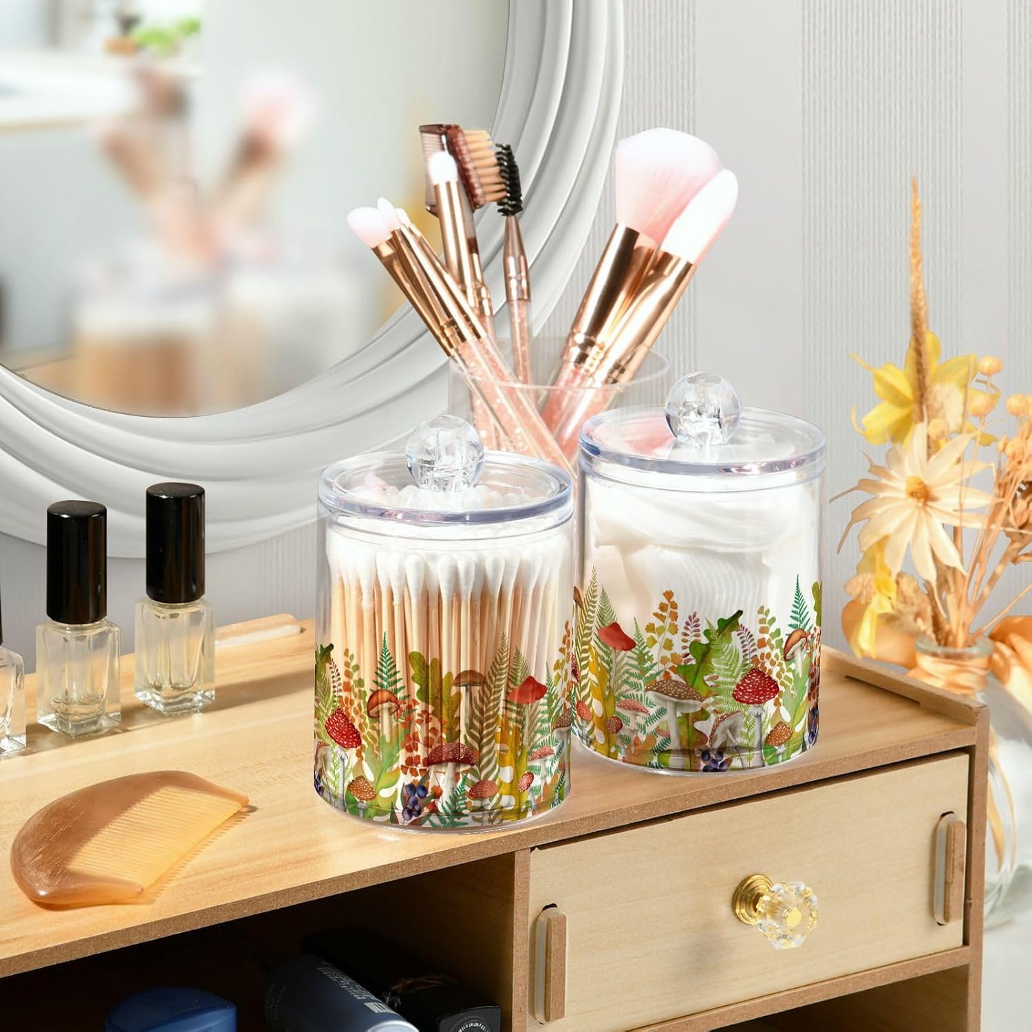 Fall Leaf Mushroom Apothecary Jars with Lids for Bathroom - 10 OZ Qtip Holder Clear Plastic Jar Storage Canister for Cotton Balls, Swabs, Makeup Organizer, 4 Pack
