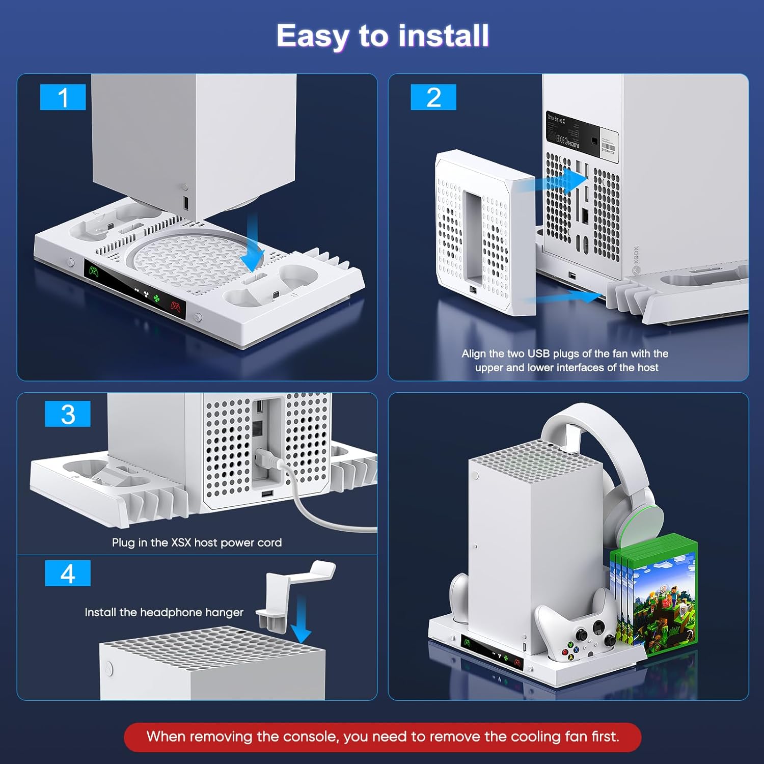 LED Cooling Stand and Charging Station for Xbox Series X Console & Controller, Cooling Fan Station for Xbox Series X Accessories with 2X 1400mAh Rechargeable Battery Pack, 15 Light Modes, Snow White - Image 7
