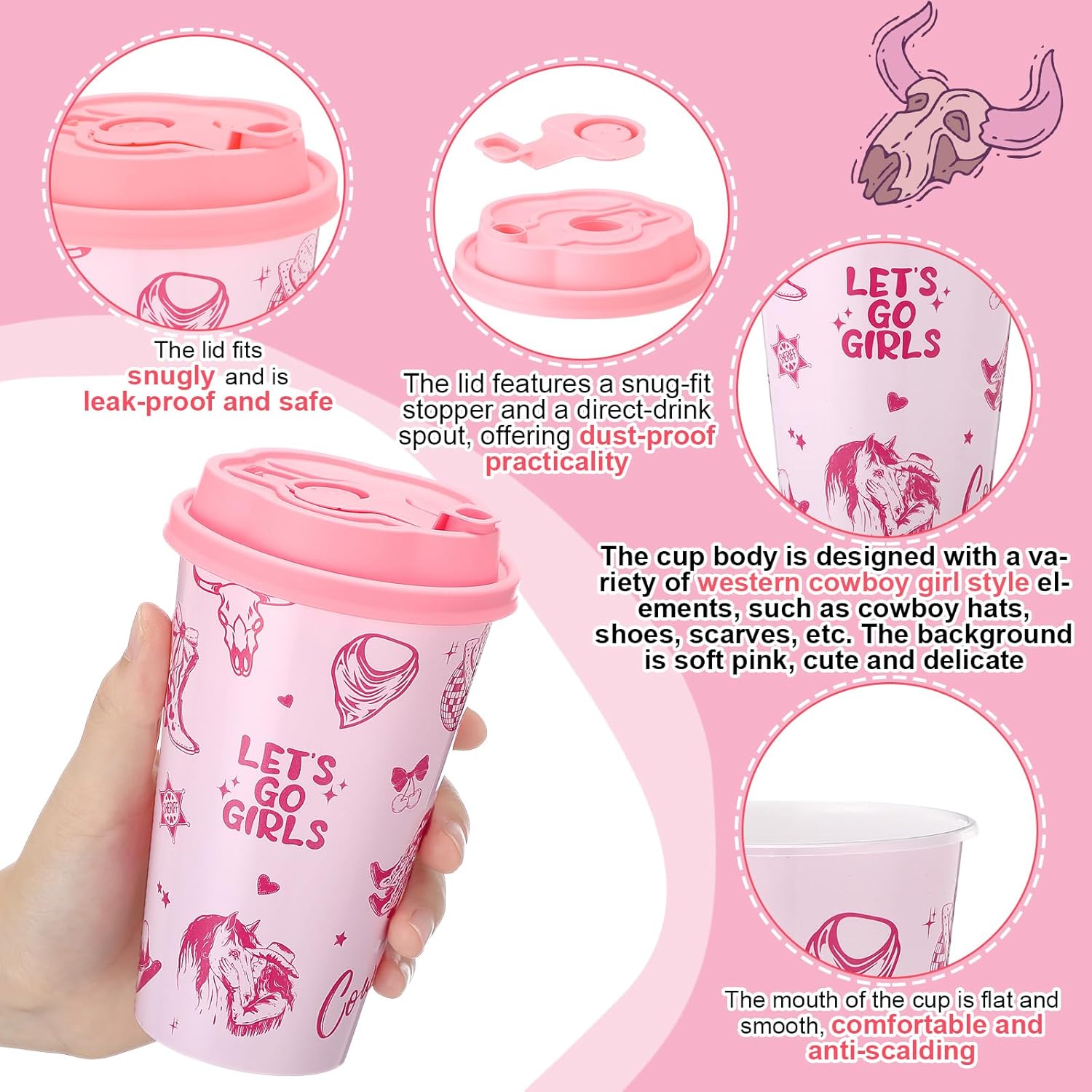 Yungyan 24 Sets Pink Cowgirl Party Favors Goodie Cups with Lids and Straws for Halloween Party Decorations Reusable 16oz Plastic Candy Cups Plastic Straws for Birthday Gift(Pink Cowgirl) - Image 3