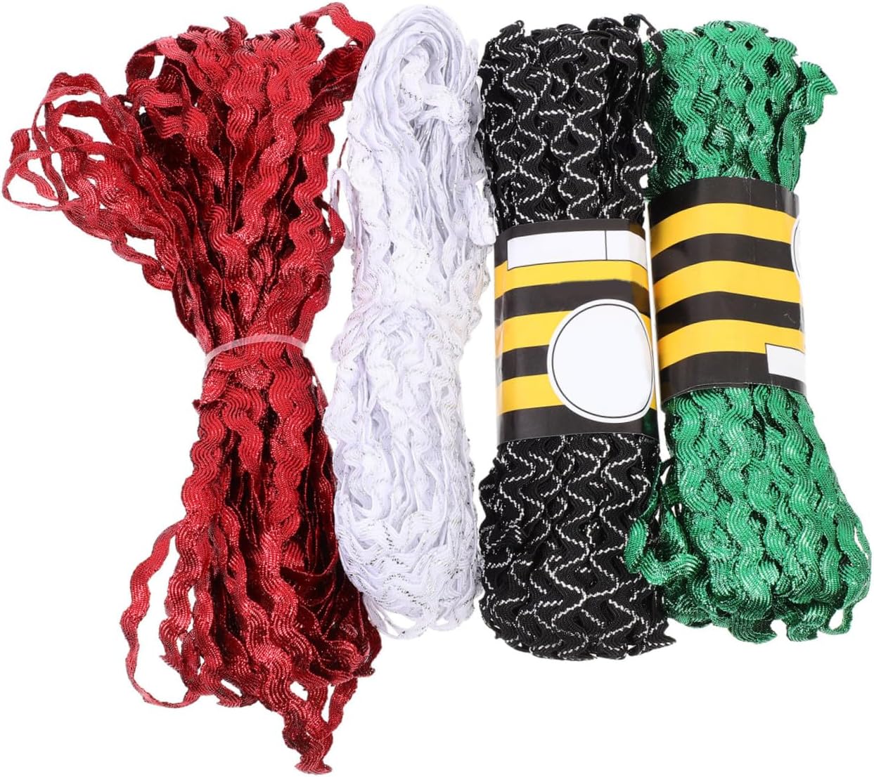 4 Rolls 15-Yard Rickrack Ribbon Trim Set 5mm Waving Bending Fringe Sewing Ribbon for DIY Flower Making Crafts in Red Green White Black White, Embellishment for Sewing and Wrapping