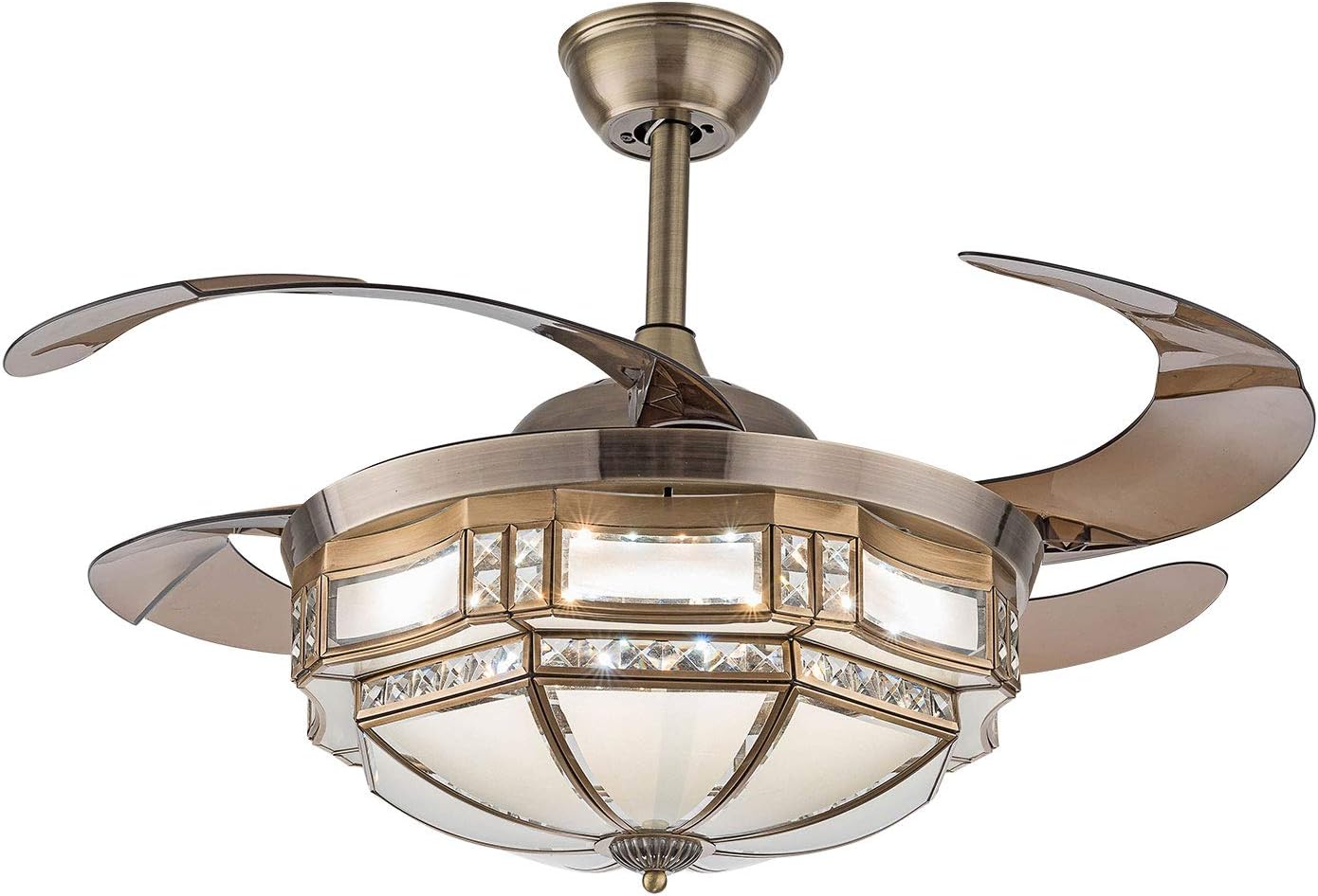 TBVECHI 42 inch Modern Chandelier Ceiling Fan, Three Light Colors Ceiling Fan 4 Retractable Blades with Remote for Living Room Bedroom (Teacolor)