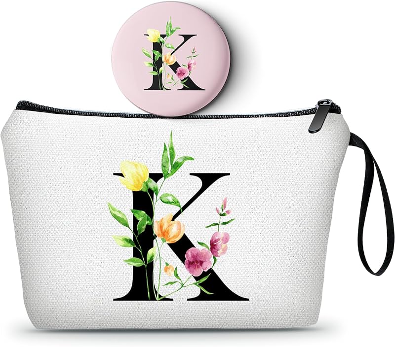 Necessaire de maquiagem SEAMOON com espelho e estampa K, branca