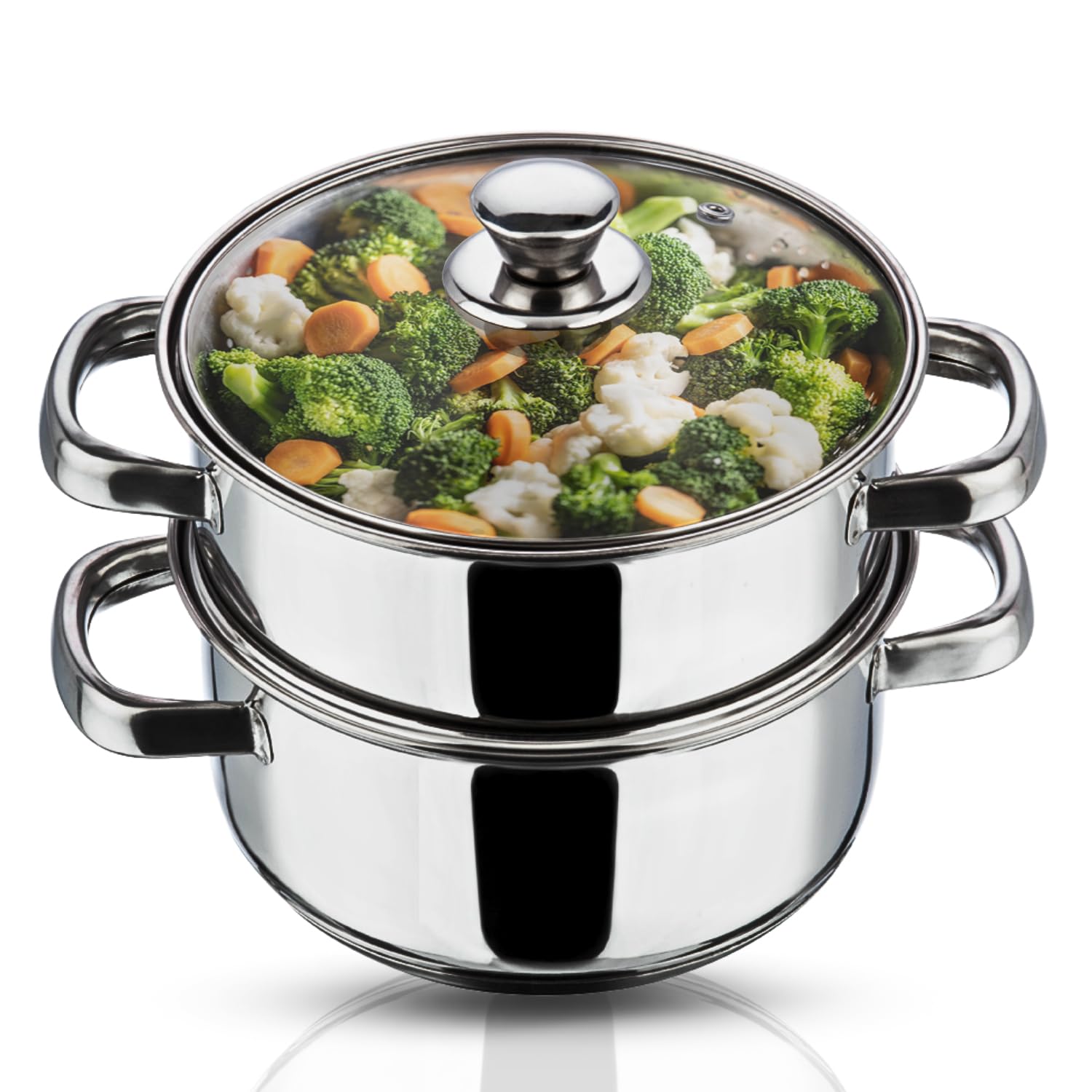 Vinod Stainless Steel 2-Tier Steamer – 20cm | Vegetable, Momo Steamer with Glass Lid, Sturdy Handle, Induction & Gas Friendly – Perfect for Couscous, Dumplings & Rice Dishes