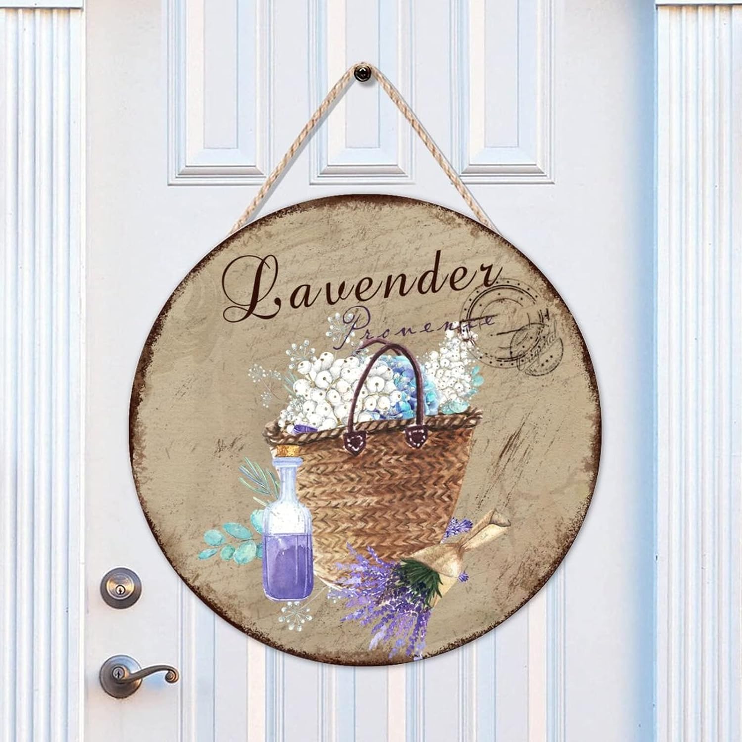 Lavender Wood Door Sign, Vintage Front Door Sign, 16x16in Flower Wall Door Hanging Sign for Front Door Farmhouse Porch Housewarming Gifts