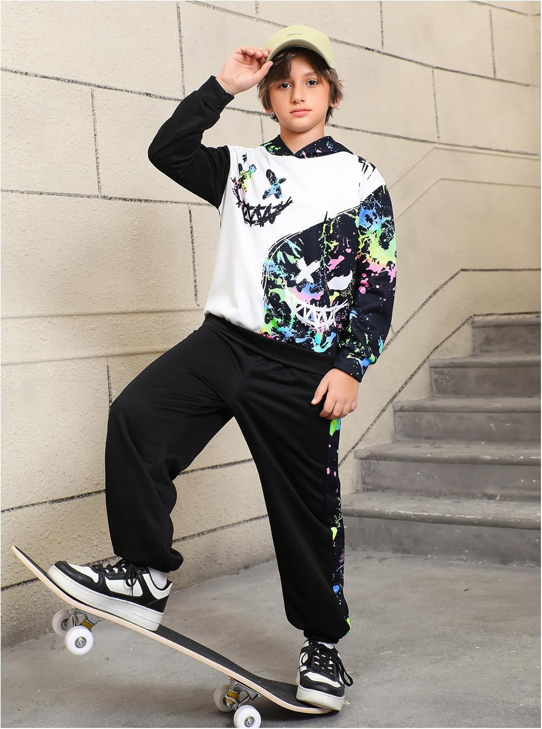 WDIRARA Boy's 2 Piece Outfits Colorful Graphic Print Long Sleeve Hoodie and Sweatpants Set Tracksuit - Image 4