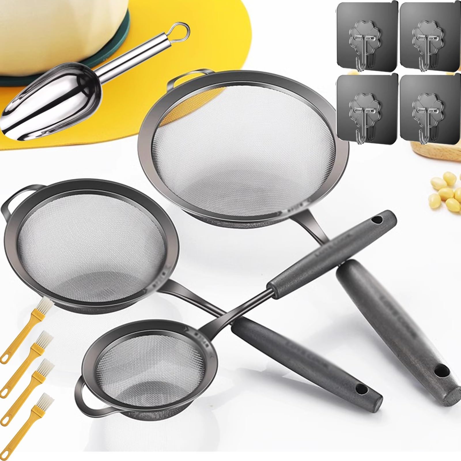Edelstahl Seiher Sieb, Siebsieb 3er Set (8,5/11,5/15cm) Küchensieb mit verstärktem Griff zum Sieben und Abtropfen