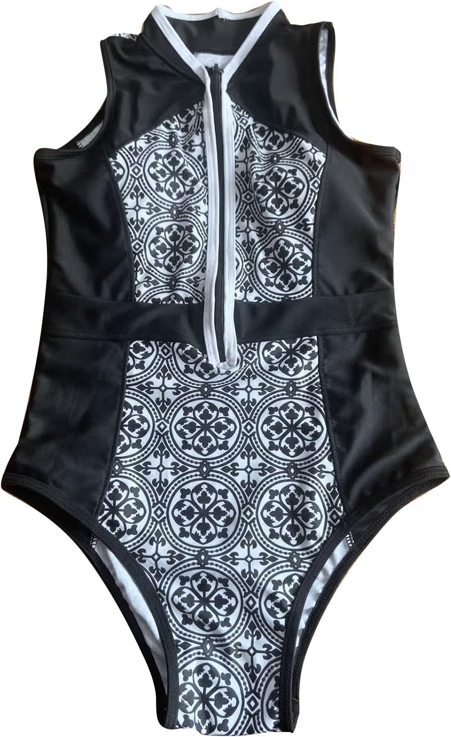 Generisch Floral Print Monikini High Waisted Sleeve Swimsuit with Zip Front Surfing Swimsuit
