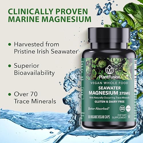 Miniatura 3 de PlantFusion Complejo de magnesio vegano de 375 mg de agua de mar, magnesio marino biodisponible con mezcla de alimentos integrales orgánicos
