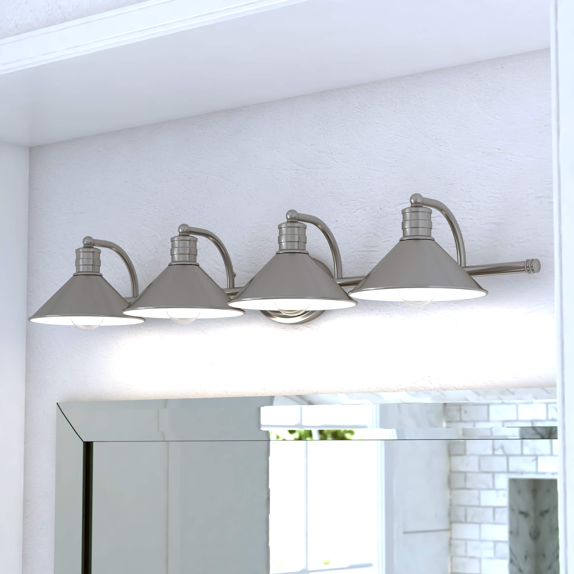 Akron 8-in Satin Nickel Farmhouse Barn Wall Sconce, 1 Light Bathroom Vanity Fixture, Metal Shade, White Interior