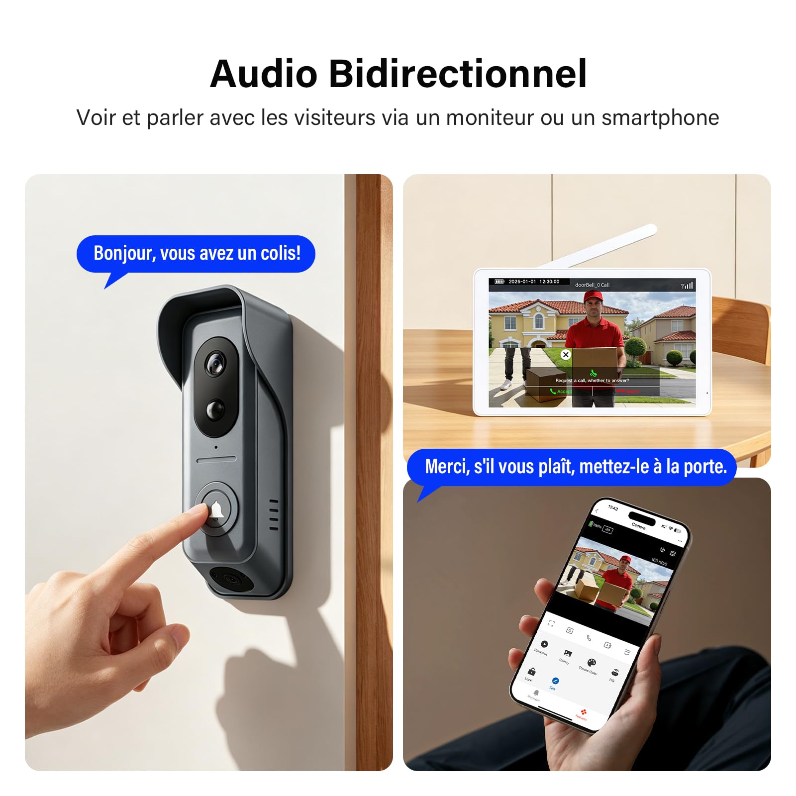 Sonnette Vidéo Double Lentille Sans Fil, Moniteur Tactile 8", Interphone Double Caméra WiFi 1080P, Détection Mouvement,Audio Bidirectionnel,Vision Nocturne,Stockage Local Sans Frais Mensuels, App Tuya