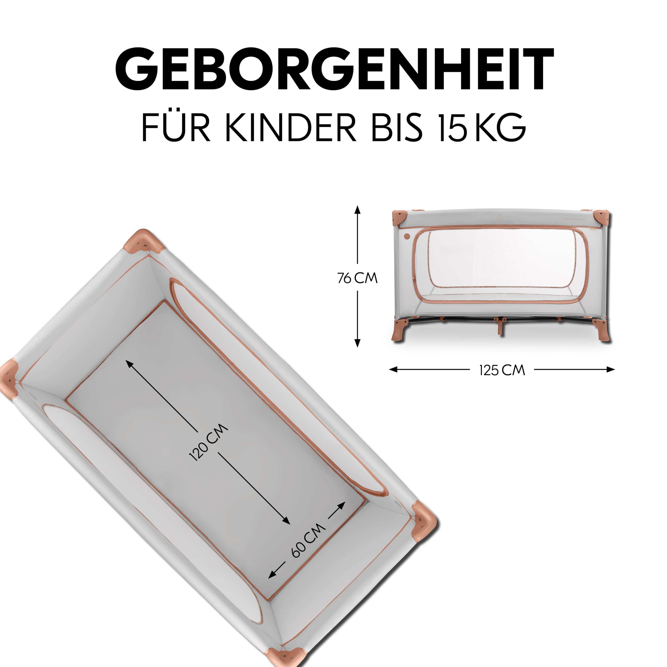 hauck Kinderreisebett Dream N Play Plus inkl. Spielbogen, Dusty Cork/Forest - ab Geburt bis 15 kg - mit XL Spiel Schlupf & Tragetasche - Leicht & Klein Zusammenklappbar