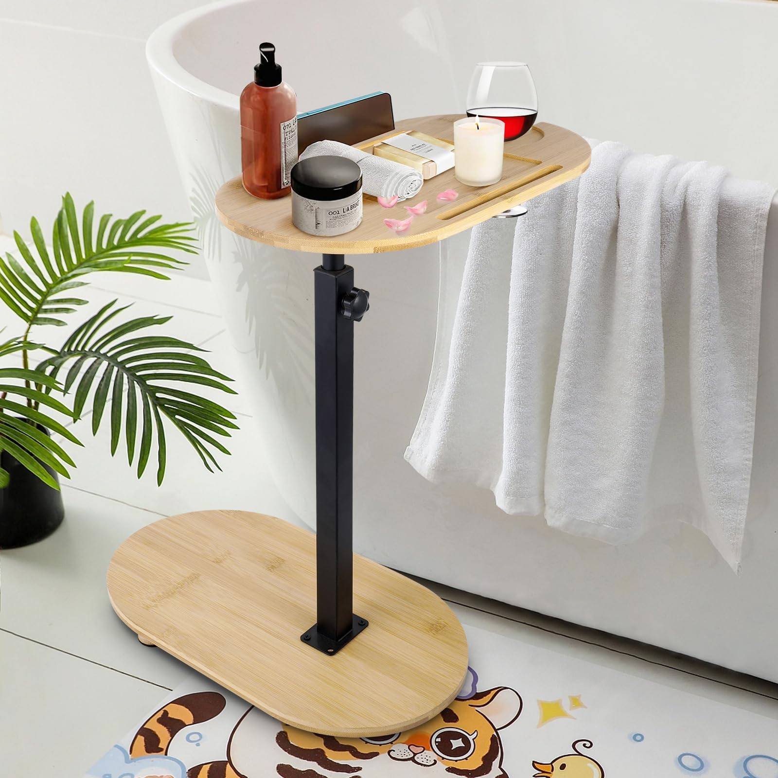 C-Shaped Side Table, Adjustable Bamboo Sofa & Bedside End Table, Multi-Functional Tray Table for Living Room, Bedroom & Bathtub, Space-Saving with Storage Compartments