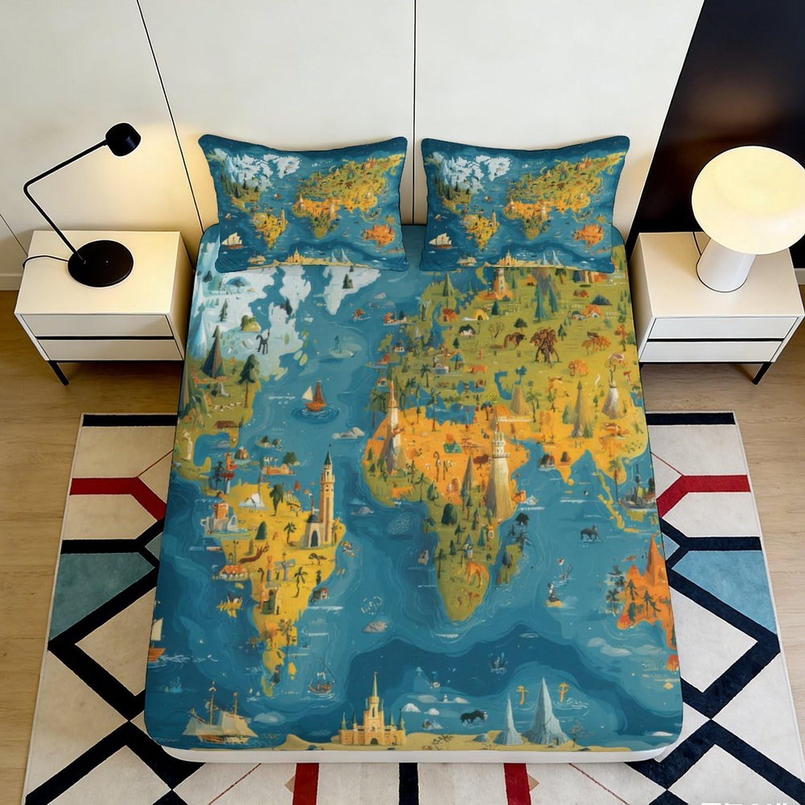 3D Printed World Map Fitted Sheet Microfiber Soft Colorful Adventure Landmark Mattress Cover for Bedroom Guest Room Dorm Decor 180x200x25cm