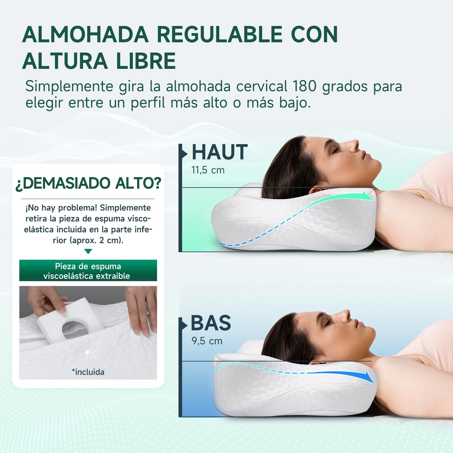 TESQ Almohada Cervical Ergonómica 2 en 1, Almohada de Espuma de Memoria con Altura Ajustable, Ideal para Dormir de Lado y Espalda, Funda Mezcla Nailon Poliéster Lavable, Tamaño 60 x 40 x 9 cm